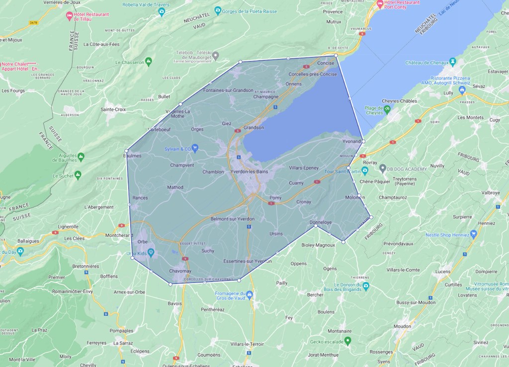 Carte, zone de déplacement autour d'Yverdon-les-Bains.